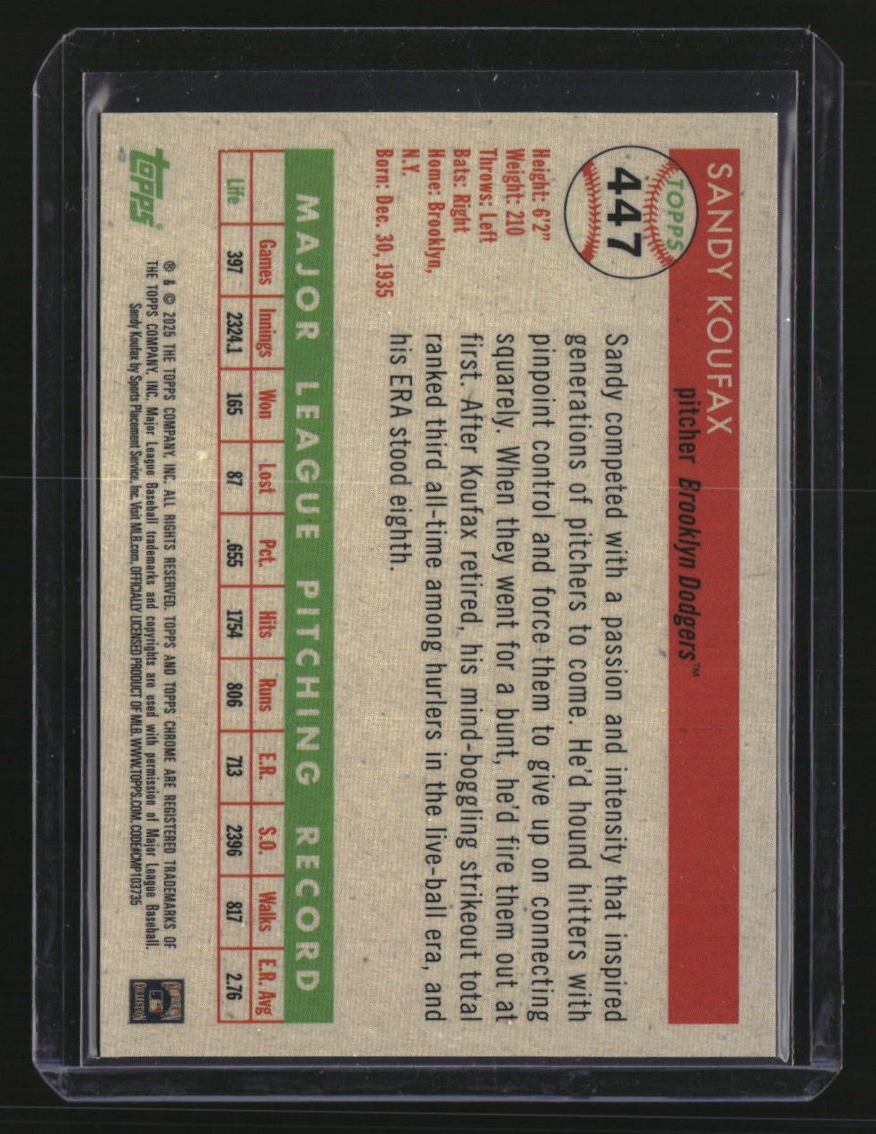 2025 Topps Chrome Platinum Sandy Koufax Platinum Toile Cream / Gold #/50