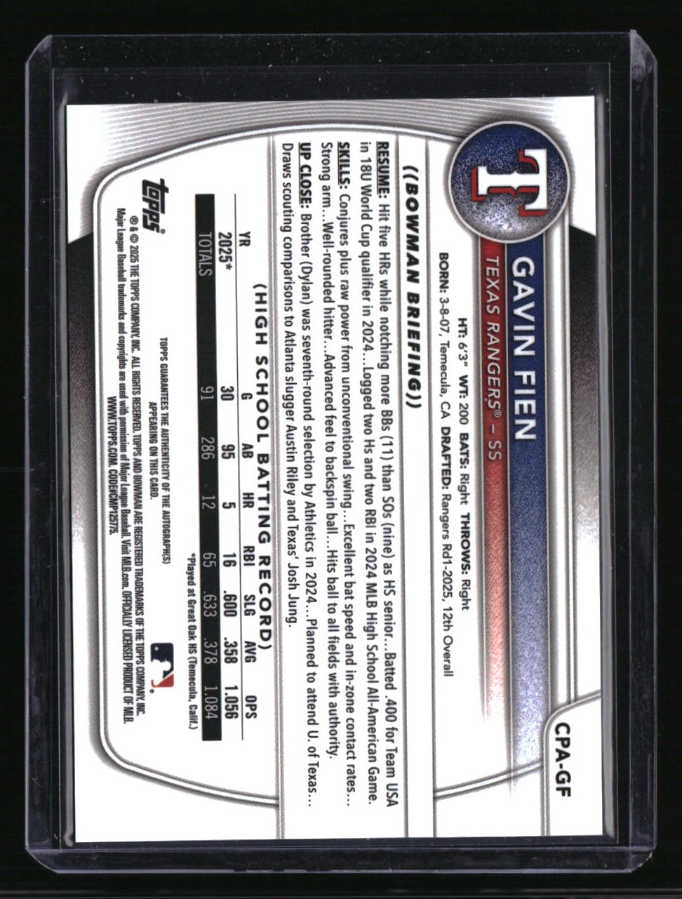 2025 Bowman Draft Gavin Fien Chrome Prospect Autographs