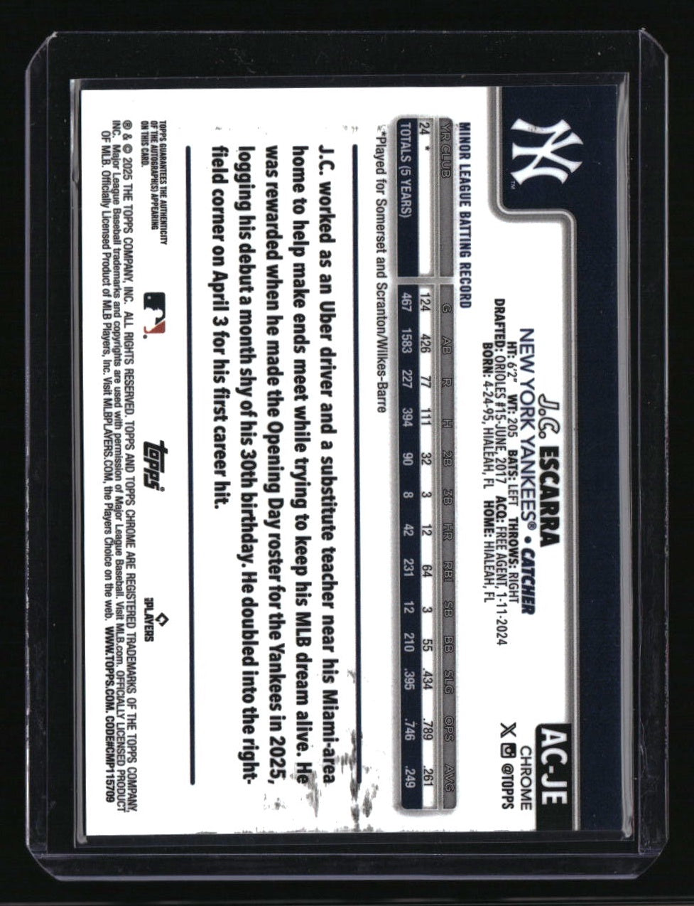2025 Topps Chrome Update J.C. Escarra Chrome Update Auto Blue RayWave #/150