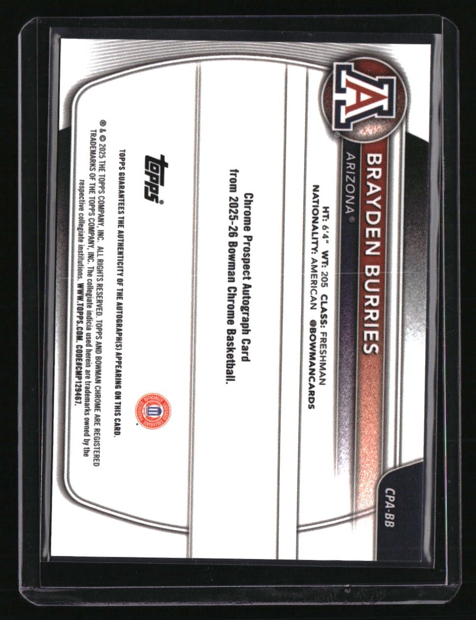 2025-26 Bowman Brayden Burries Chrome Prospect Autographs