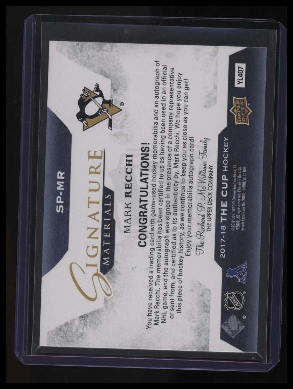 2017-18 Upper Deck The Cup Update III: Mark Recchi Signature Patches #/99