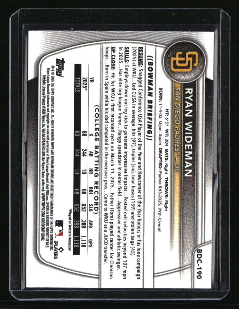 2025 Bowman Draft Ryan Wideman Chrome Green Grass Refractor #/99