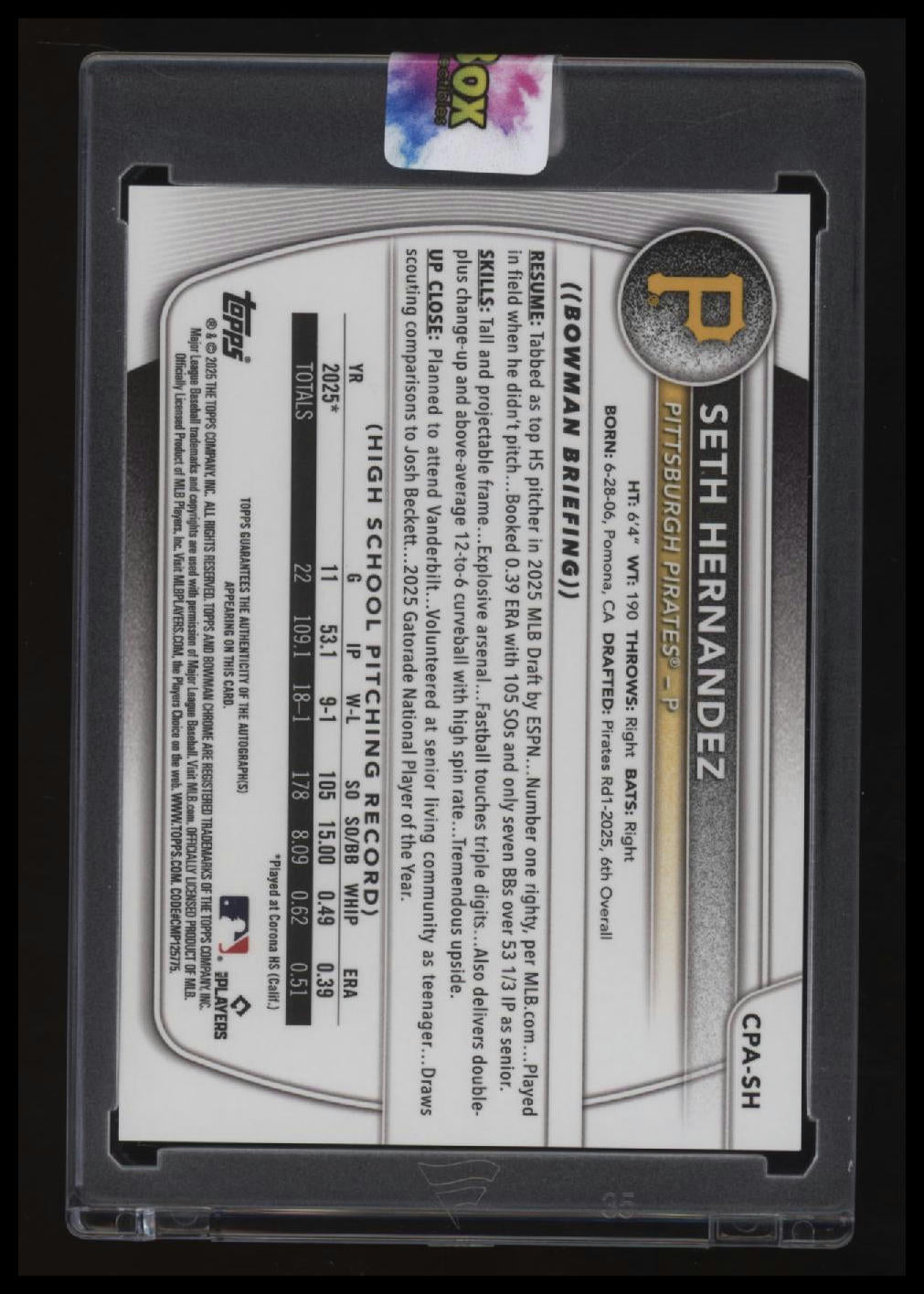 2025 Bowman Draft Seth Hernandez Chrome Prospect Autographs