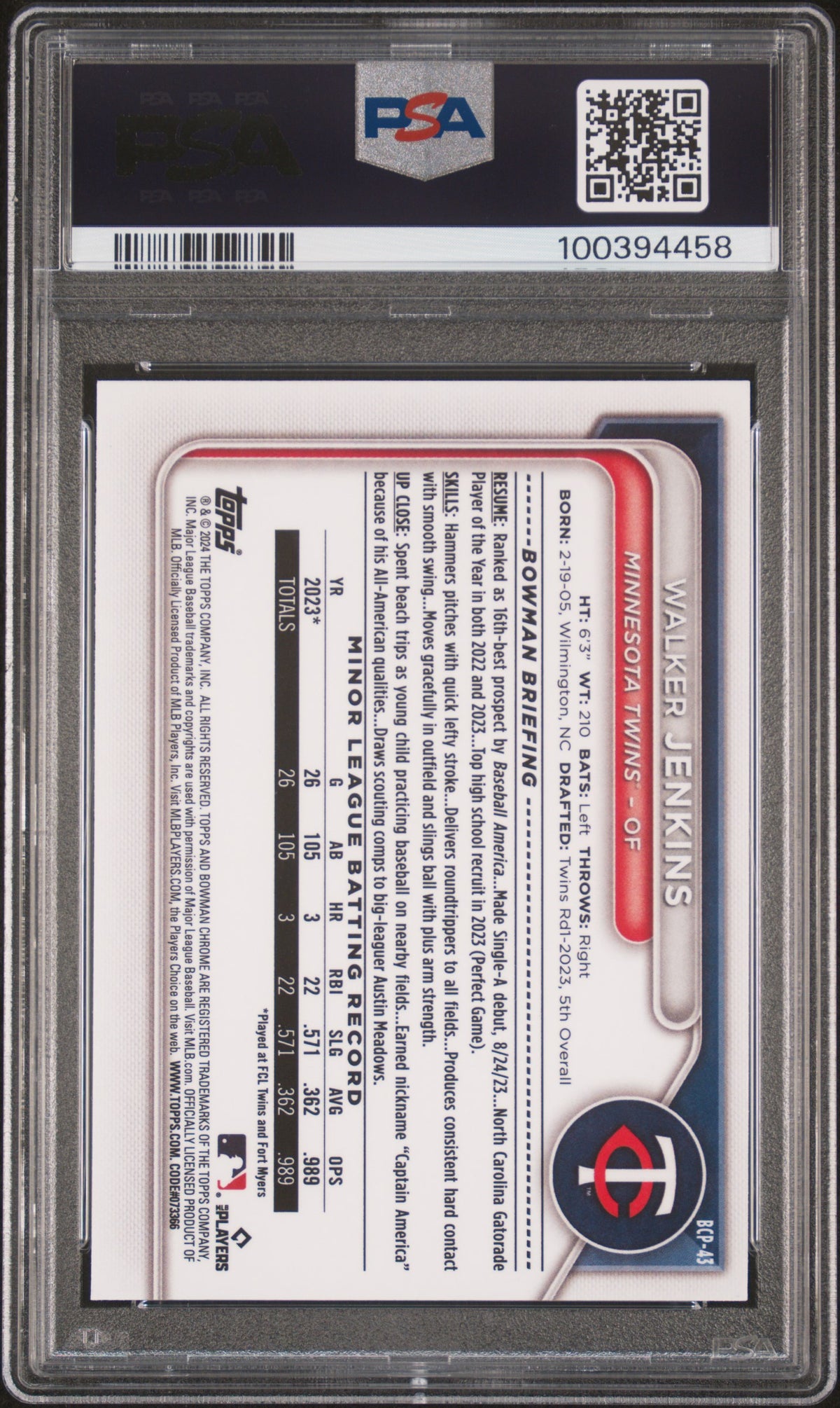 2024 Bowman Mega Box Chrome Prospects Walker Jenkins PSA 9