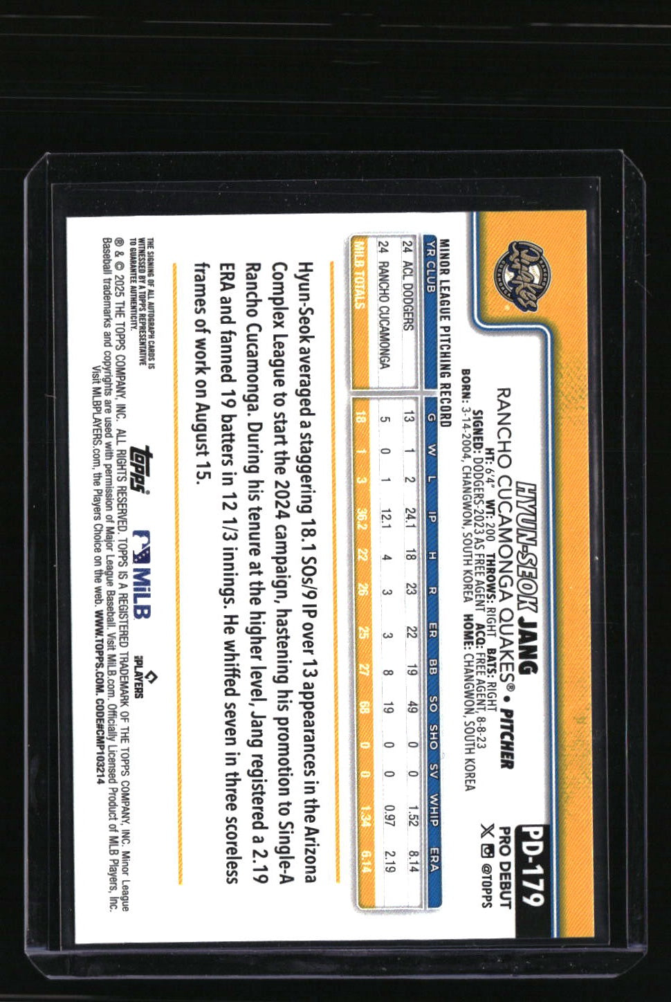 2025 Topps Pro Debut Hyun-Seok Jang Base Autographs
