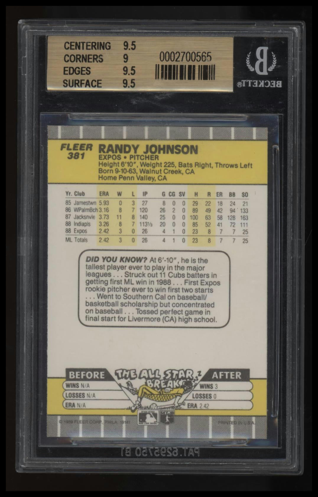 1989 Fleer Randy Johnson BGS 9.5