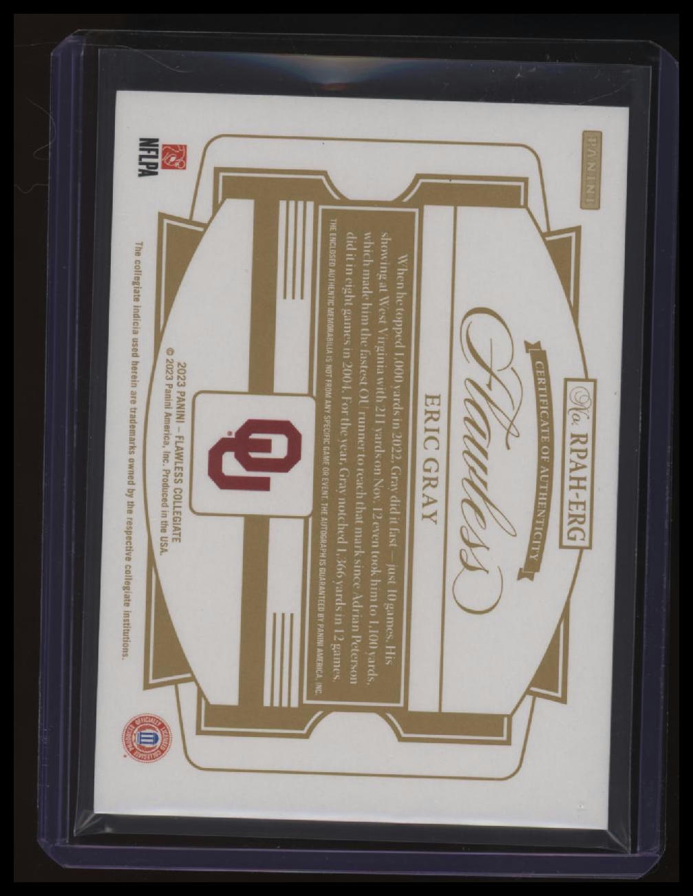 2023 Panini Flawless Collegiate Eric Gray Rookie Patch Auto Horizontal Gold #/10