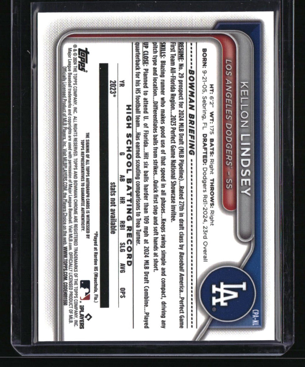 2024 Bowman Draft Kellon Lindsey Chrome Prospect Autographs Blue Refractor #/150