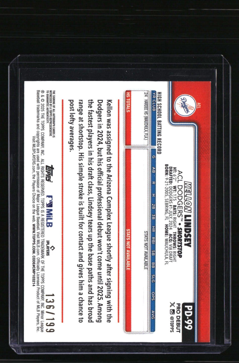 2025 Topps Pro Debut Kellon Lindsey Base Autographs Fuchsia Foil #/199