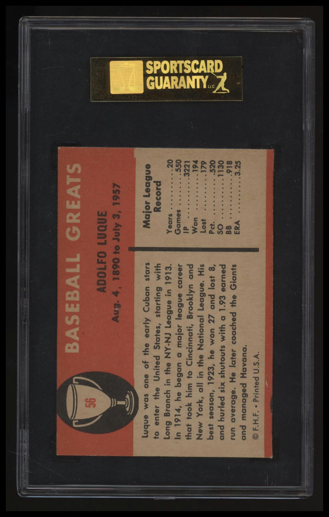 1961 Fleer Baseball Greats (F418-3) Dolf Luque SGC 8 Green Label