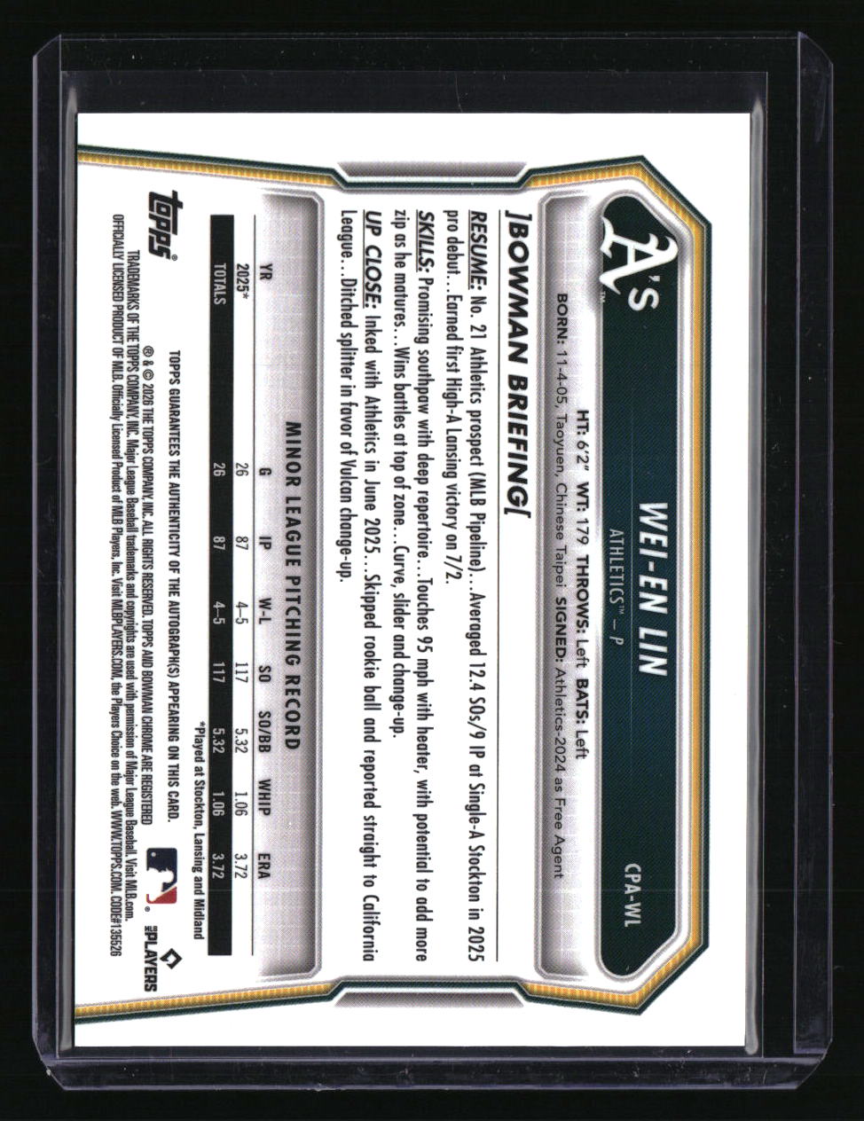 2026 Bowman Wei-En Lin Chrome Prospect Autographs Speckle Refractors #/299
