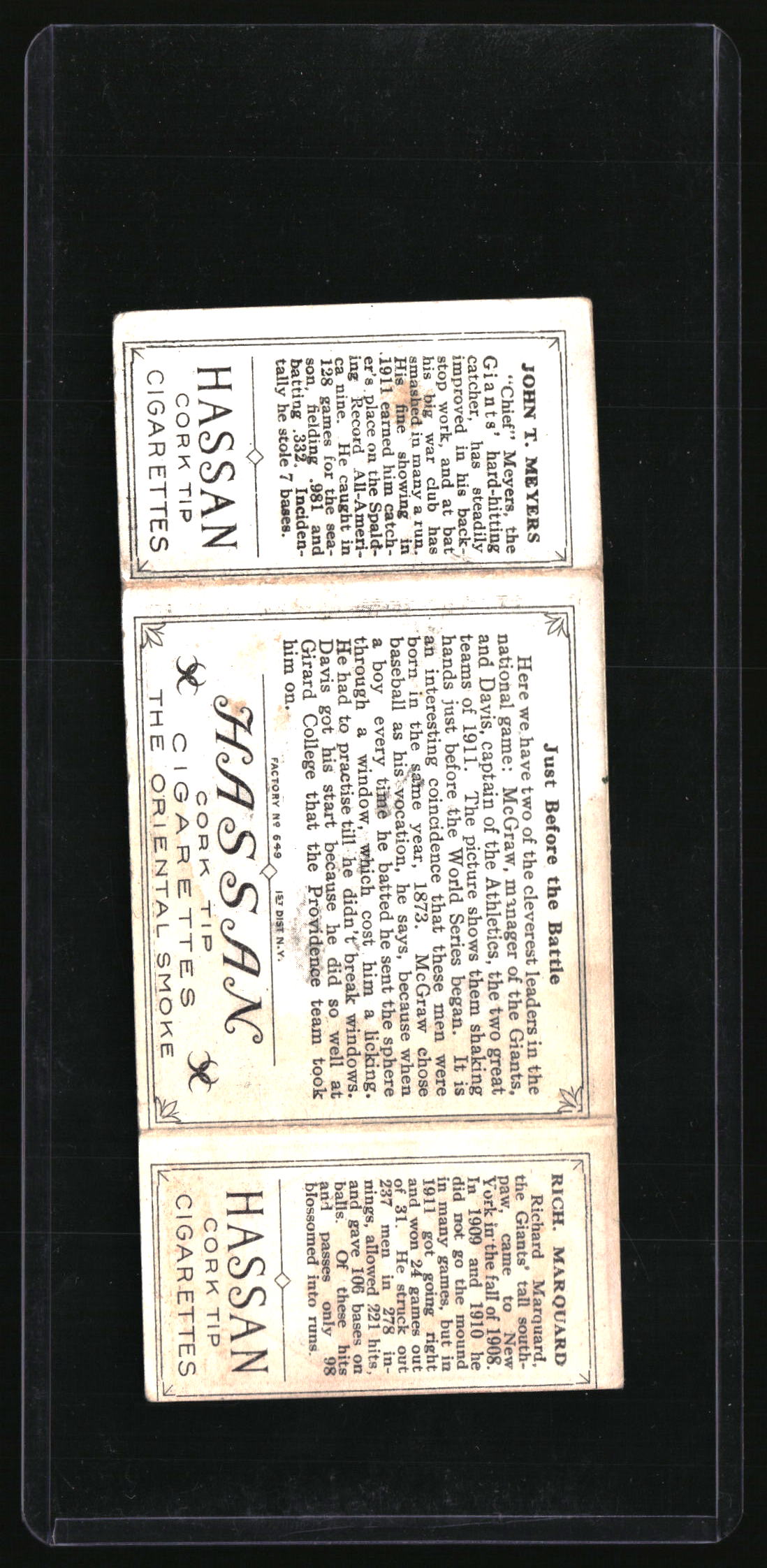 1912 Hassan Triple Folder T202 Just Before the Battle Rube Marquard Chief Meyers