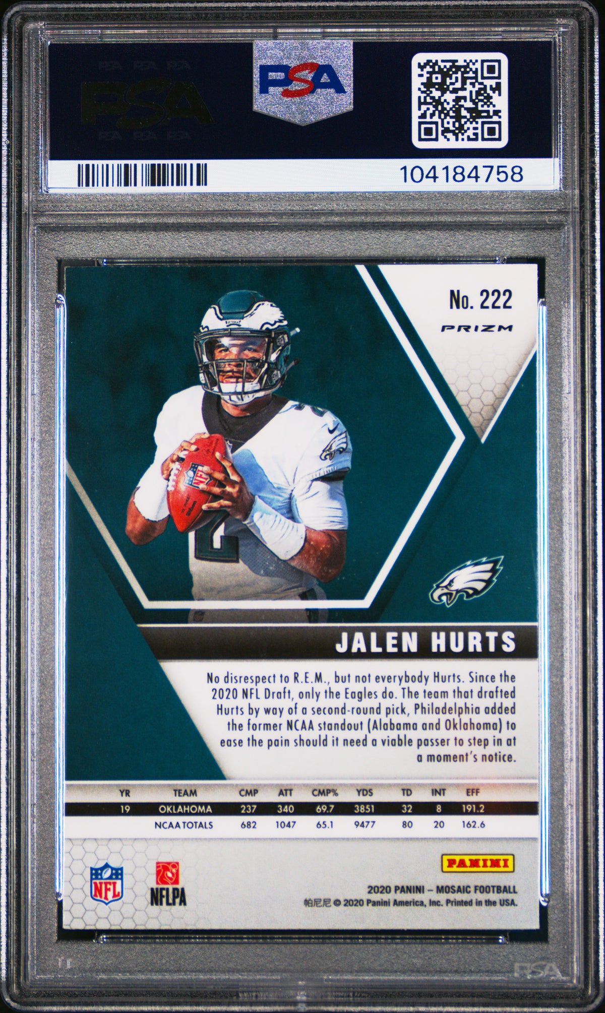 2020 Panini Mosaic Jalen Hurts Reactive Green PSA 9