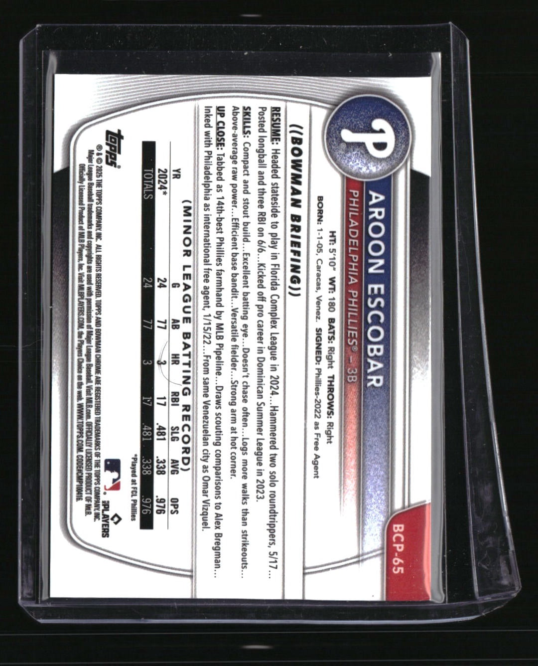 2025 Bowman Aroon Escobar Chrome Prospects Rose Gold Mini Diamond Refractor #/15