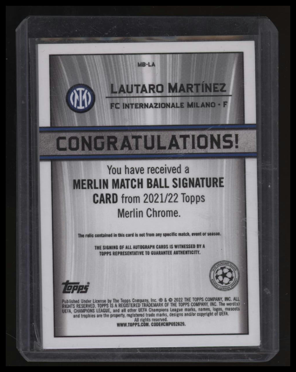 2021-22 Merlin UEFA Champ League Lautaro Martínez Match Ball Signatures