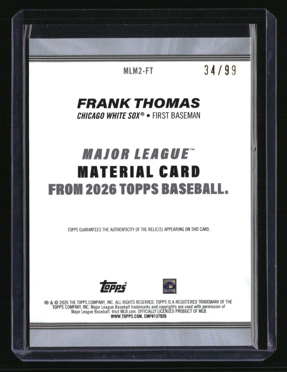 2026 Topps Frank Thomas Major League Materials Relics Green (Series Two) #/99
