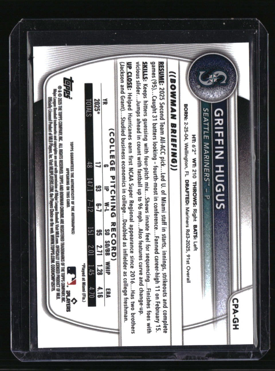 2025 Bowman Draft Griffin Hugus Chrome Prospect Autographs