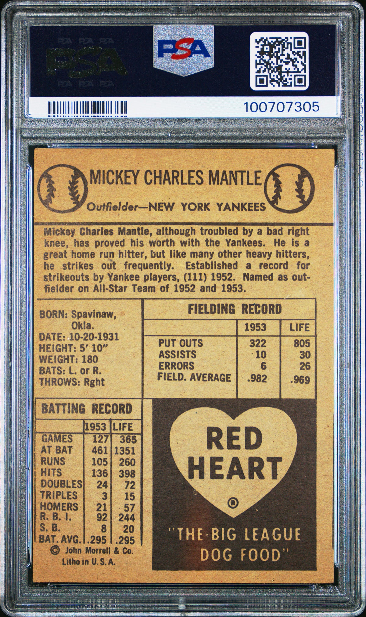 1954 Red Heart Mickey Mantle PSA 5