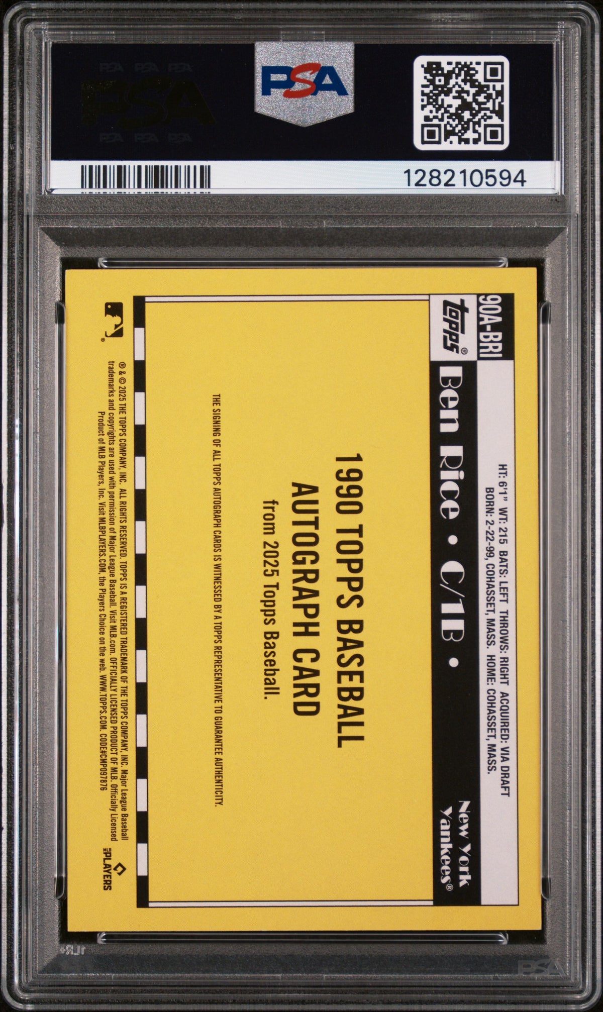 2025 Topps 1990 Topps Baseball Autographs Ben Rice PSA 9