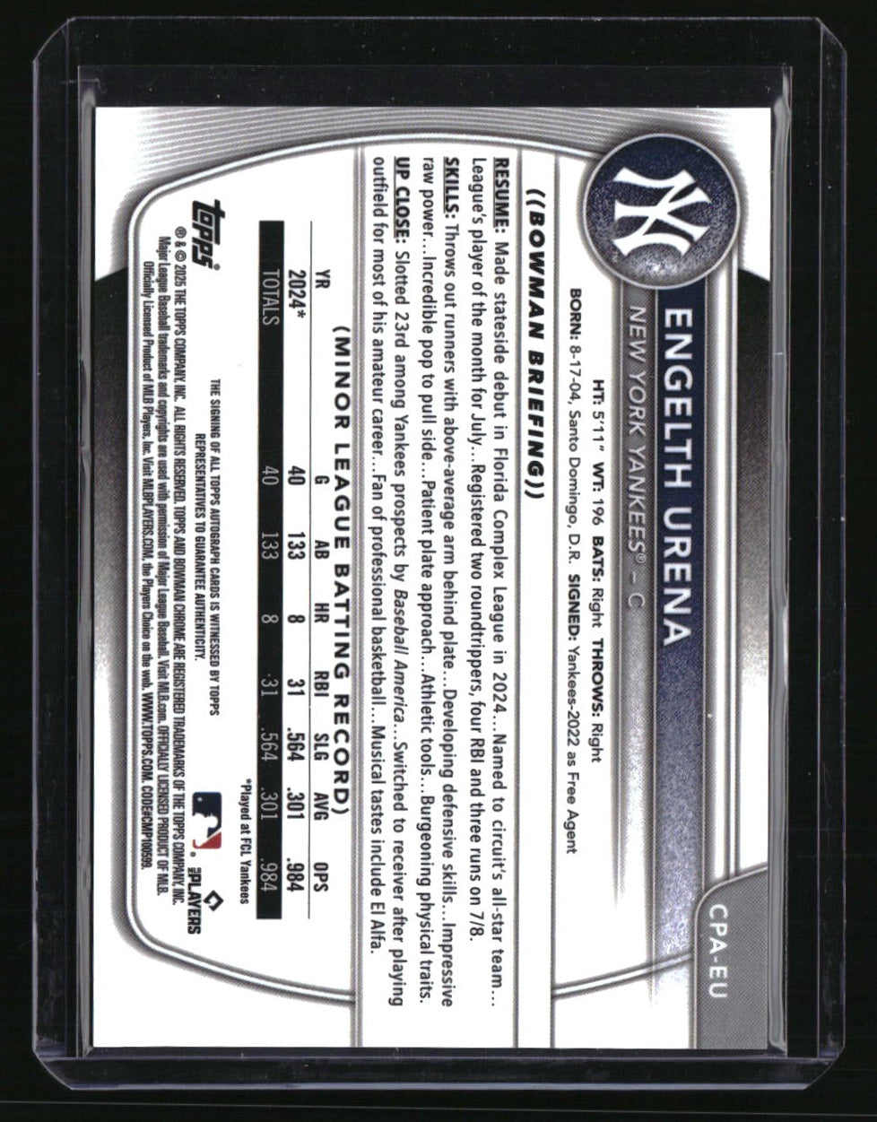 2025 Bowman Engelth Urena Chrome Prospects Autographs Speckle Refractor #/299