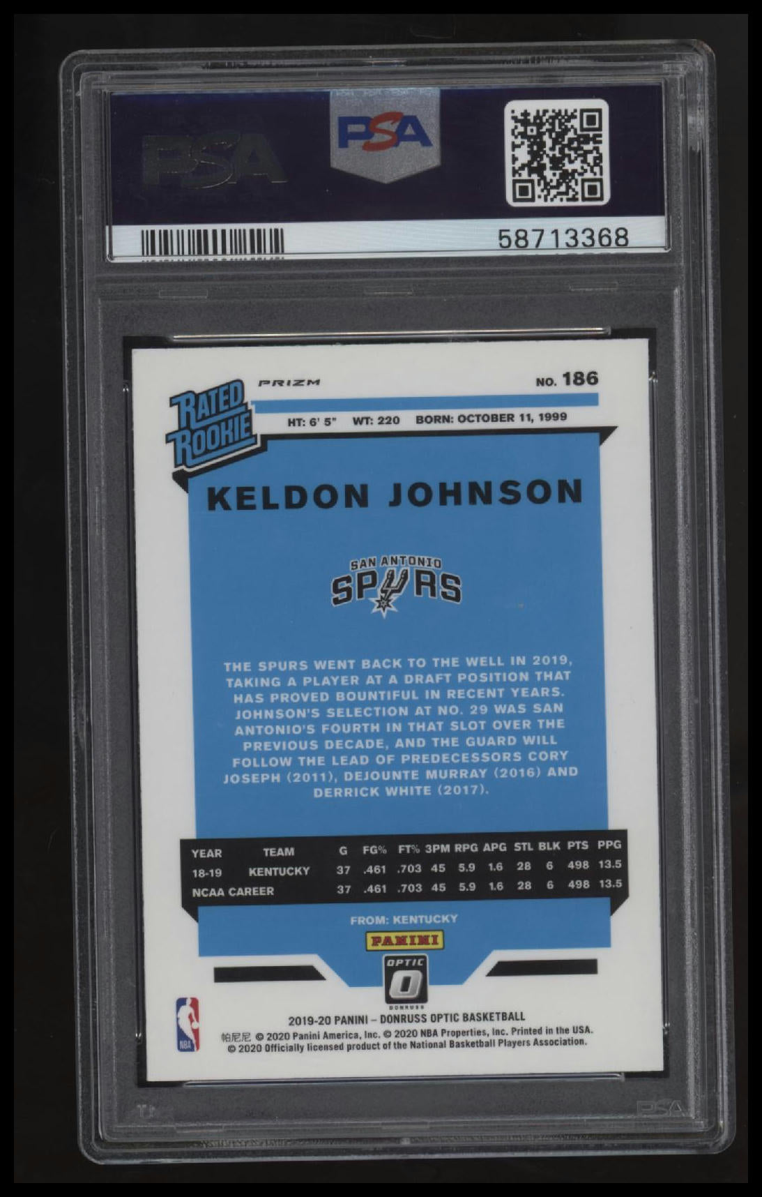 2019 Panini Donruss Optic Keldon Johnson Fanatics PSA 10