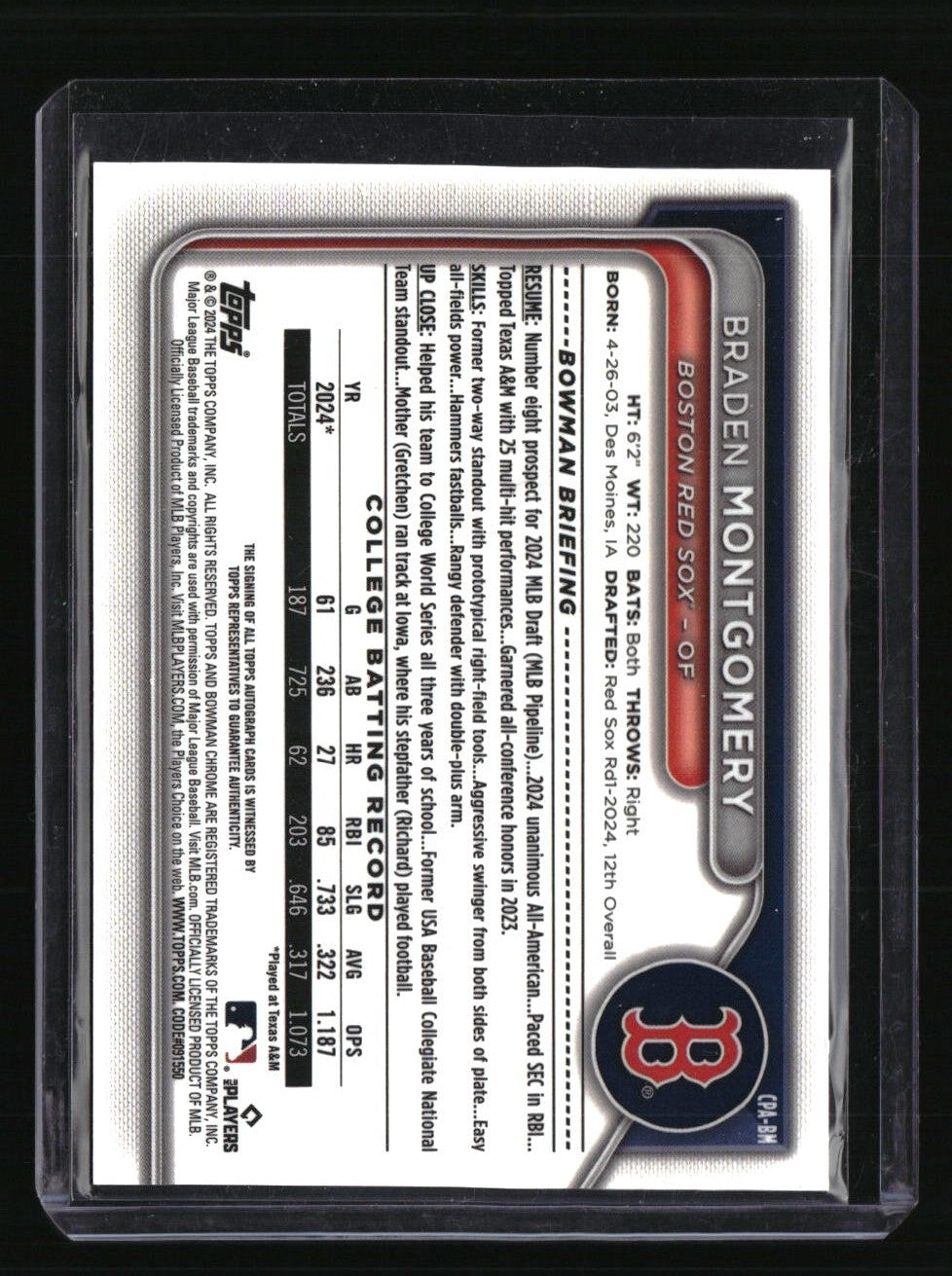 2024 Bowman Draft Braden Montgomery Chrome Prospect Autographs