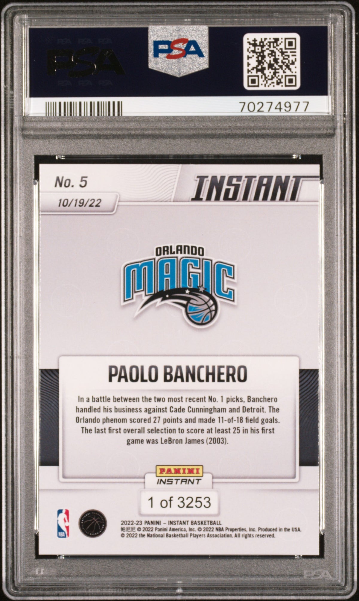 2022 Panini Instant Paolo Banchero PSA 10