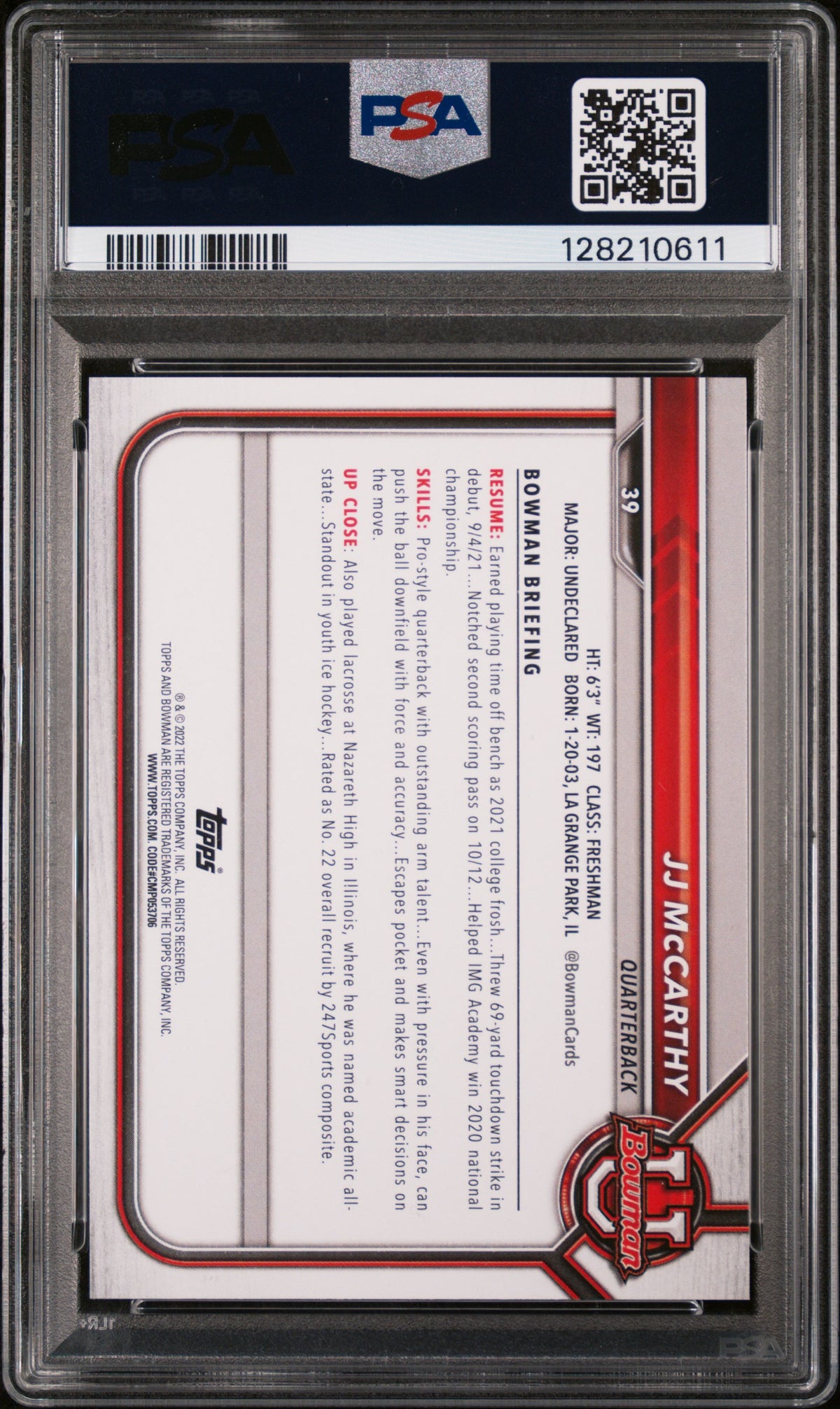 2021 Bowman University Paper Prospects Jj Mccarthy Paper Prospects PSA 9