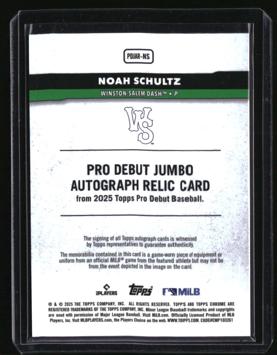 2025 Topps Pro Debut Noah Schultz Pro Debut Jumbo Relic Autographs Green #/99