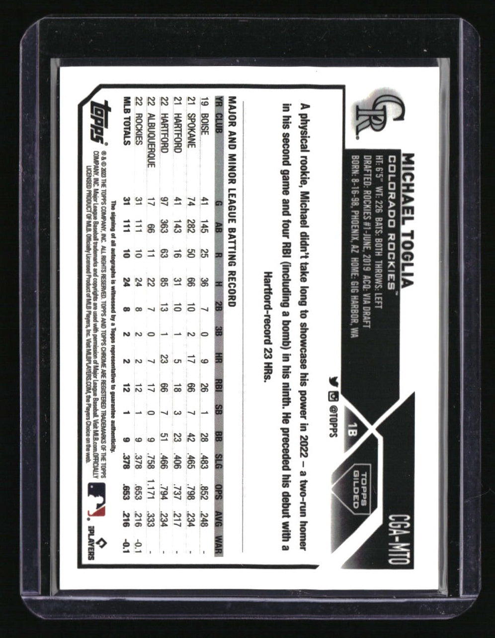 2023 Topps Gilded Collection Michael Toglia Chrome Gold Etch Auto Blue #/50