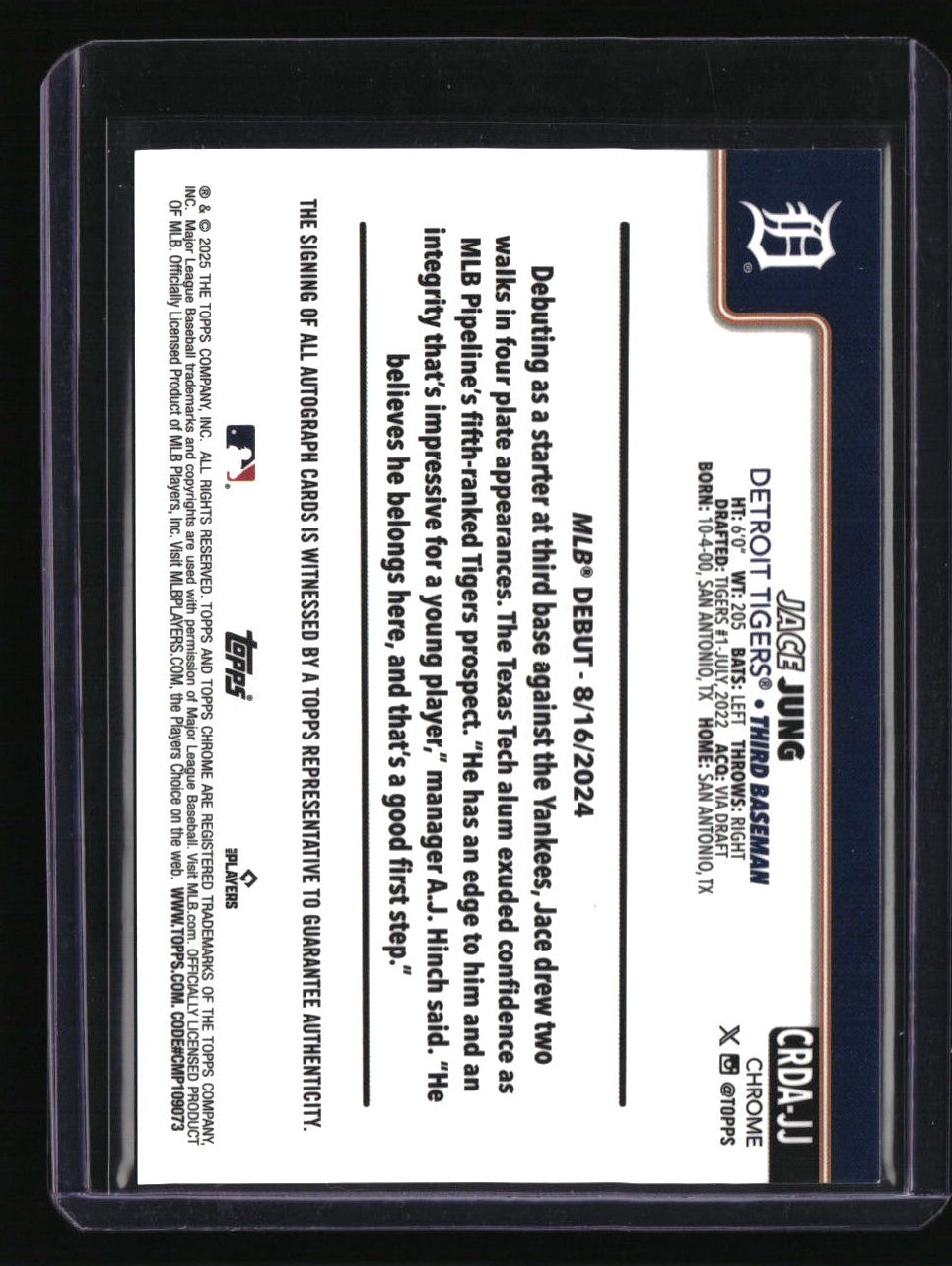 2025 Topps Chrome Update Jace Jung Rookie Debut Autographs Gold Refractor #/50