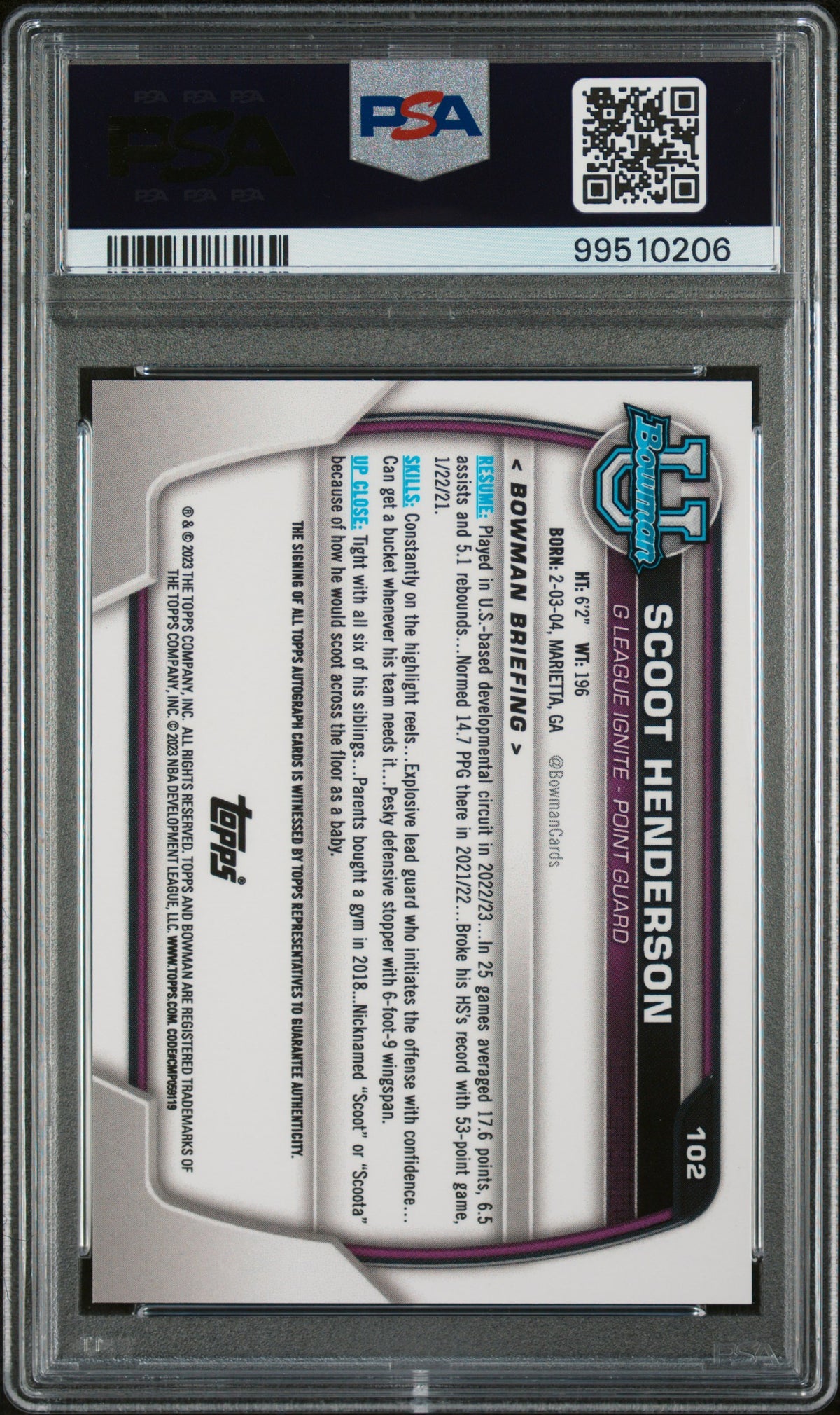 2022 Bowman Chrome University Scoot Henderson Prospect Autograph PSA 10