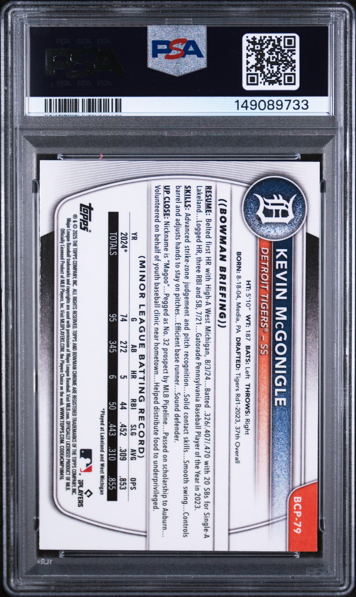 2025 Bowman Chrome Prospects Kevin Mcgonigle PSA 8
