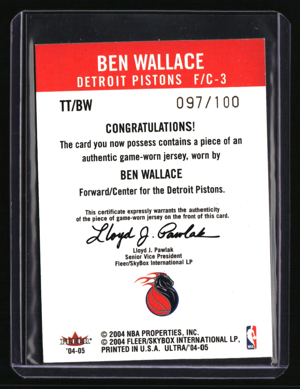 2004-05 Fleer Ultra Ben Wallace #/100 Swatches