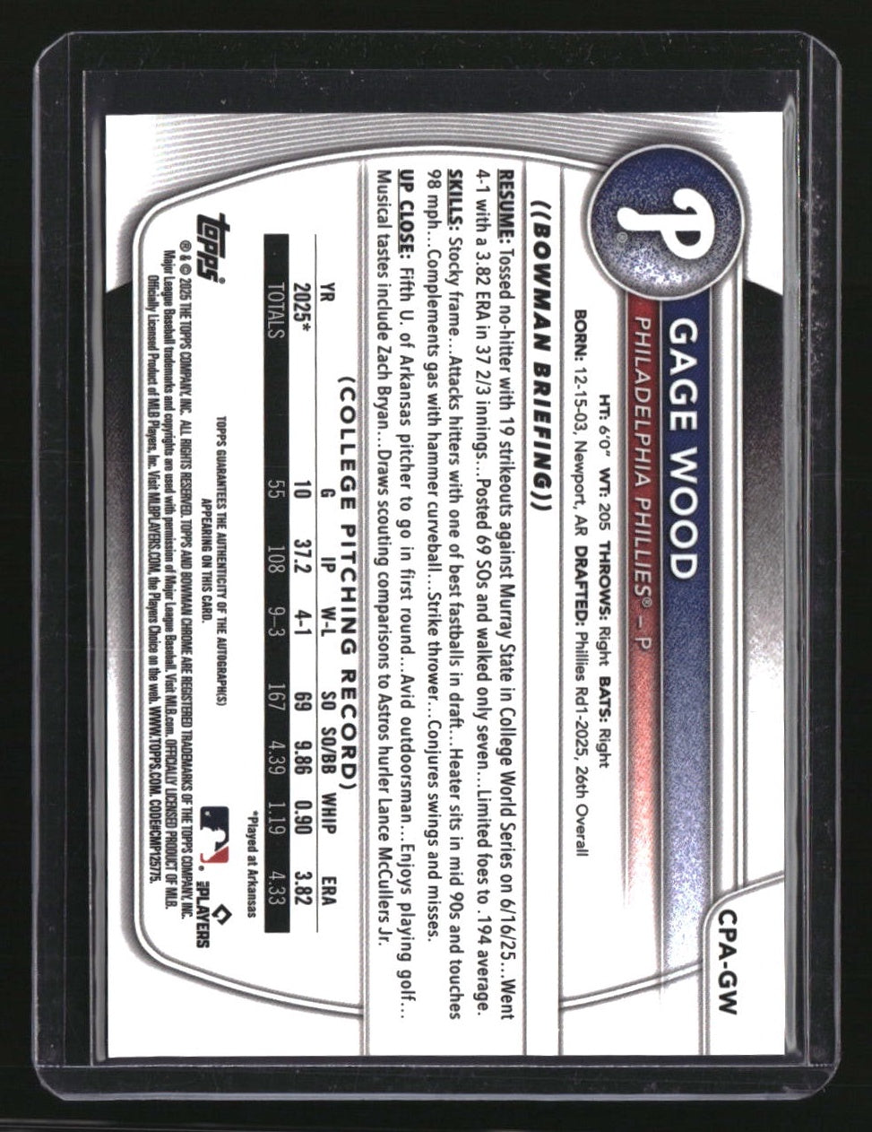 2025 Bowman Draft Gage Wood Chrome Prospect Autographs