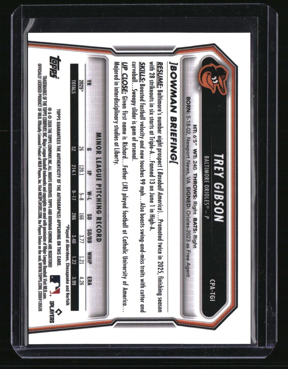 2026 Bowman Trey Gibson Chrome Prospect Autographs Gold Refractors #/50