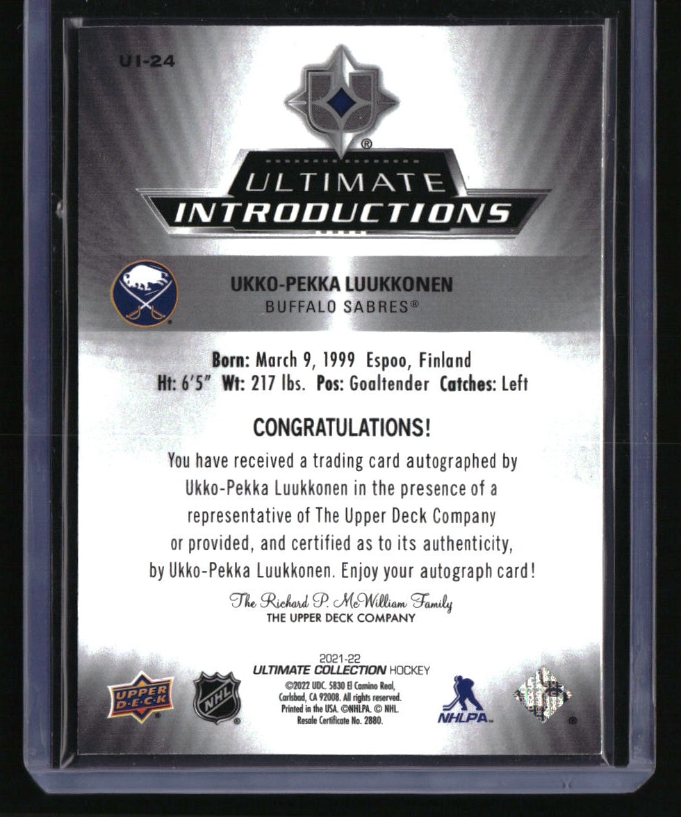 2021-22 Ultimate Collection Ukko-Pekka Luukkonen Ultimate Introductions Auto