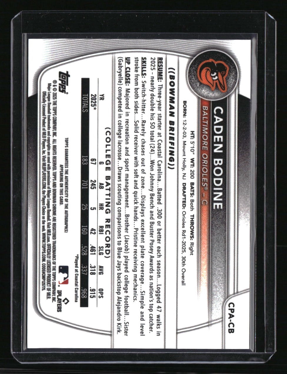 2025 Bowman Draft Caden Bodine Chrome Prospect Autographs