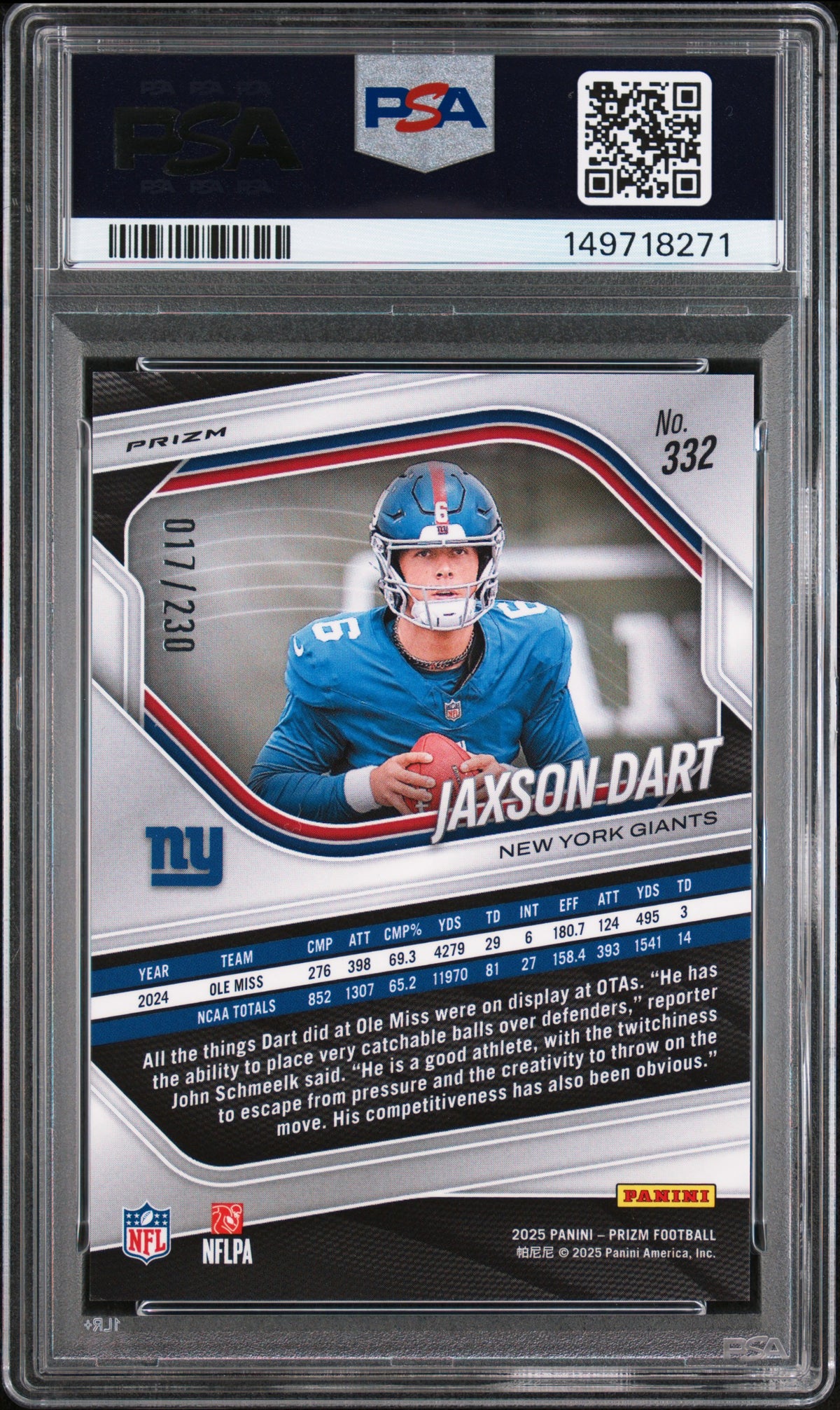 2025 Panini Prizm Jaxson Dart Blue Wave PSA 10