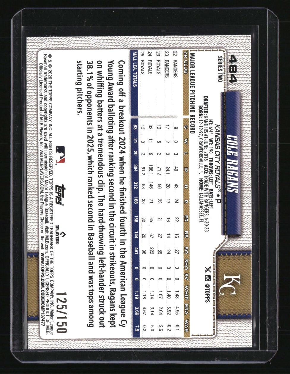 2026 Topps Cole Ragans Blue Rainbow Foil #/150