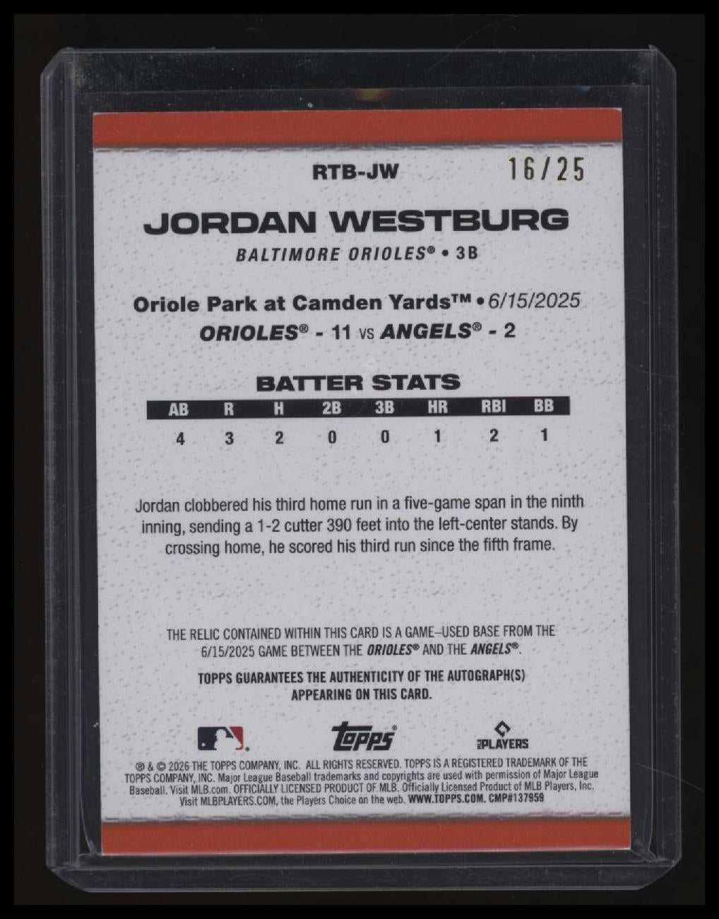 2026 Topps Jordan Westburg Rounding the Bases Relic Autographs Orange #/25