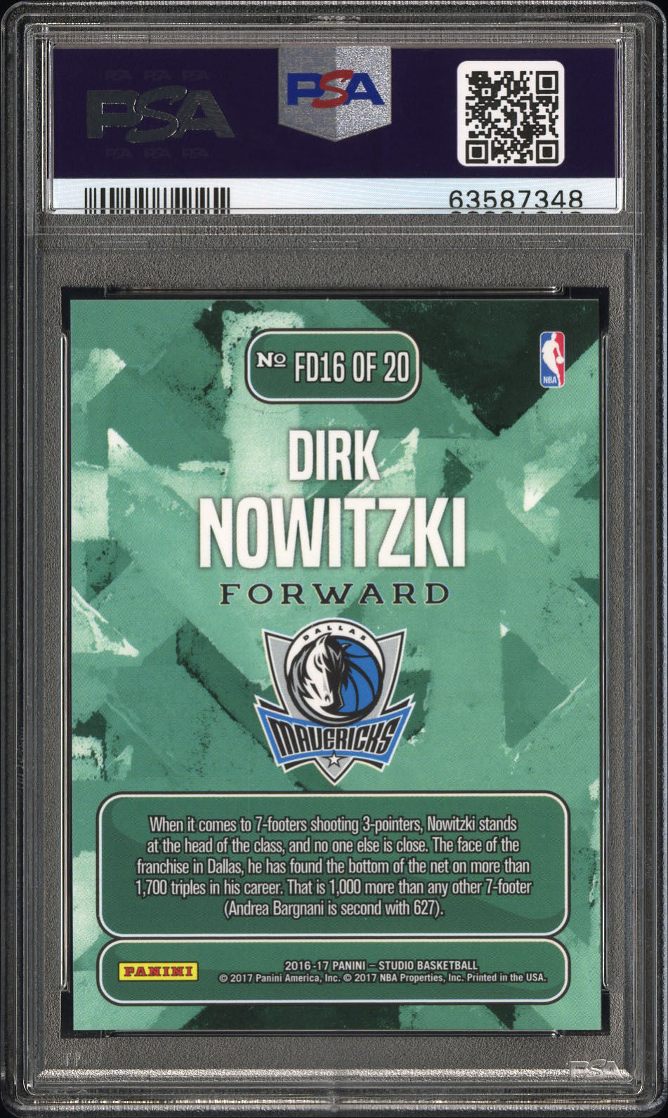 2016 Panini Studio From Downtown Dirk Nowitzki From Downtown PSA 10