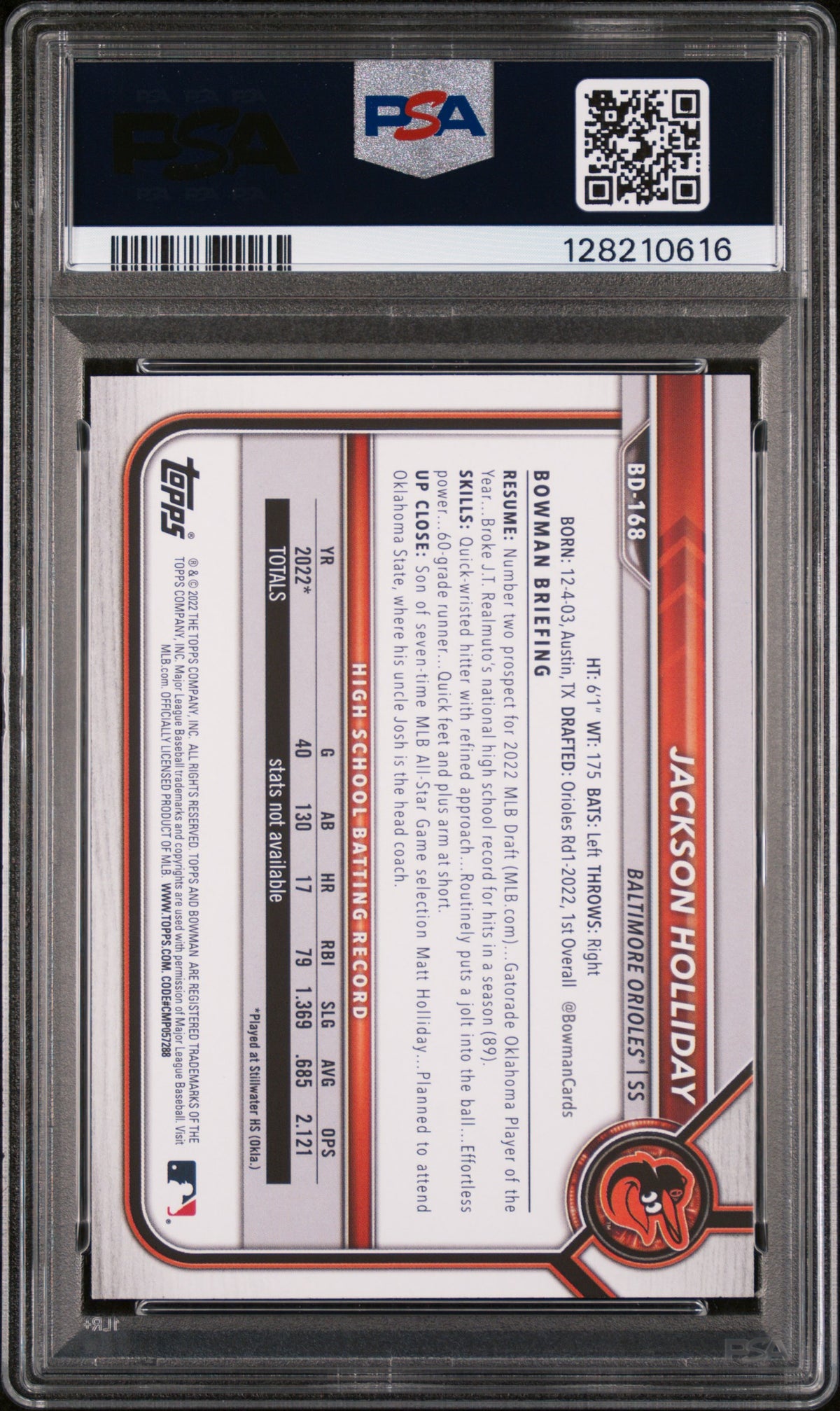 2022 Bowman Draft Jackson Holliday PSA 8