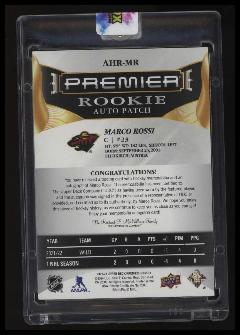 2022-23 Upper Deck Premier Marco Rossi Acetate Rookie Auto Patch Horizontal #/99