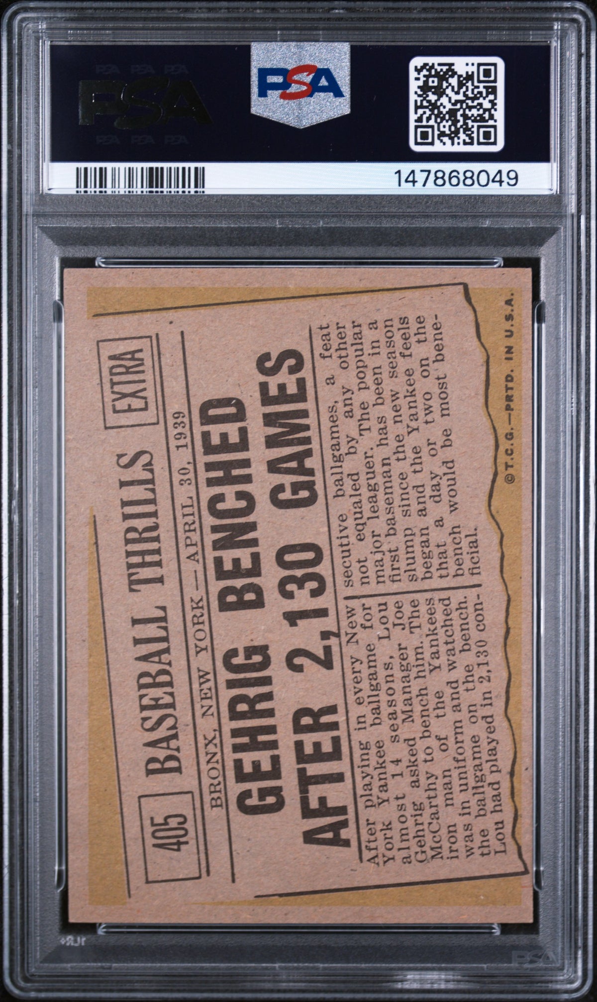 1961 Topps Gehrig Benched After 2,130 Games PSA 5