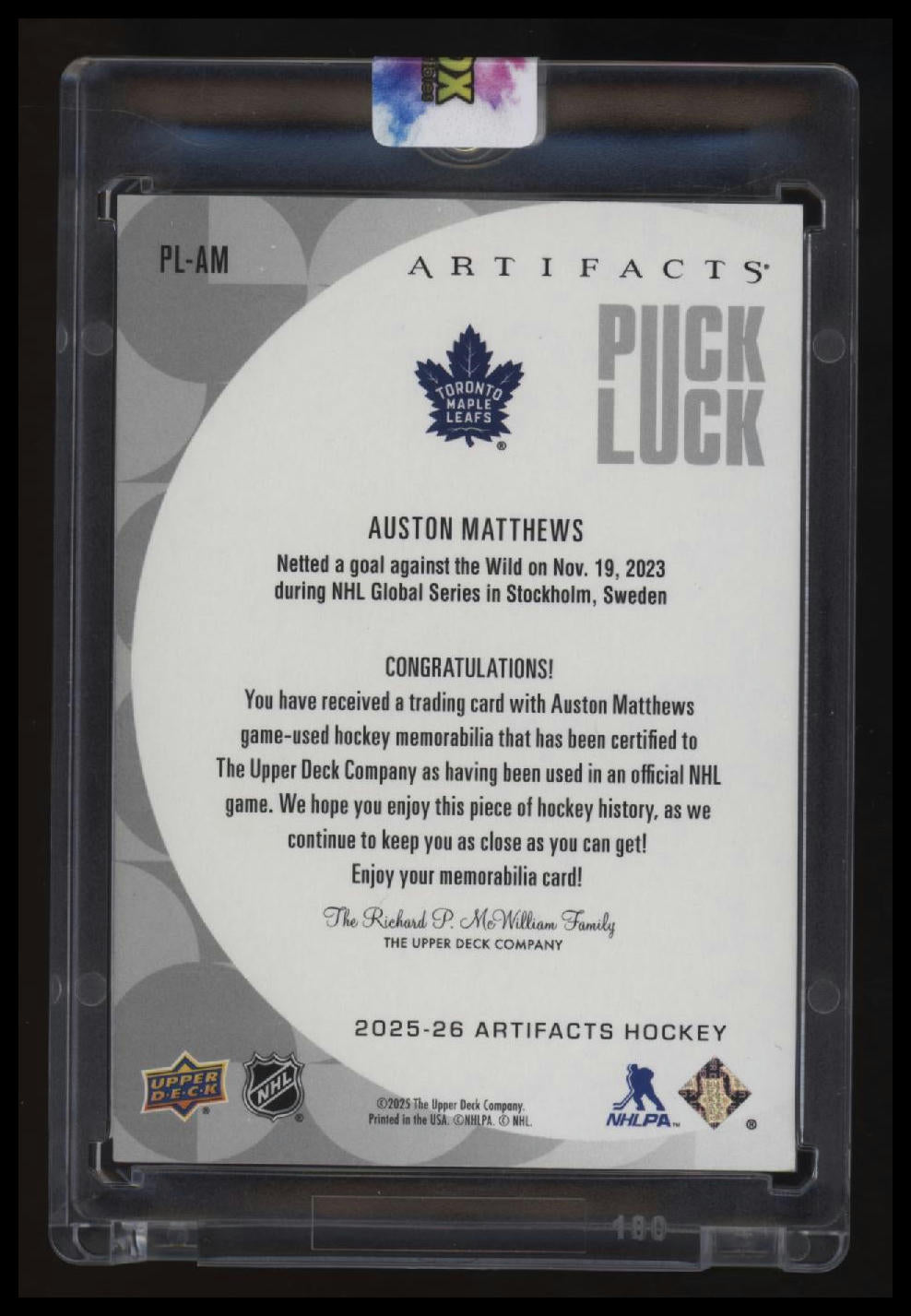 2025-26 Upper Deck Artifacts Auston Matthews Puck Luck #/4