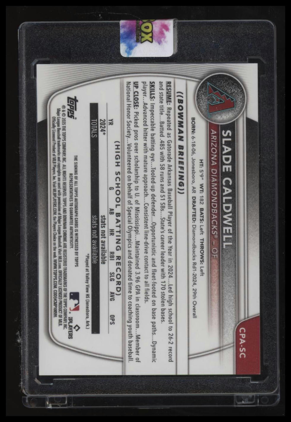 2025 Bowman Slade Caldwell Chrome Prospects Auto Orange Shimmer Ref. #/25