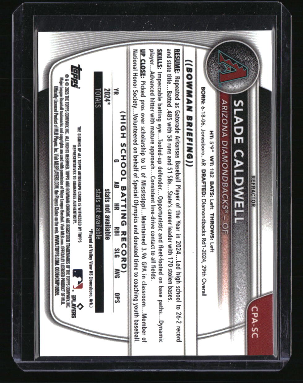2025 Bowman Slade Caldwell Chrome Prospect Autographs Refractor #/499