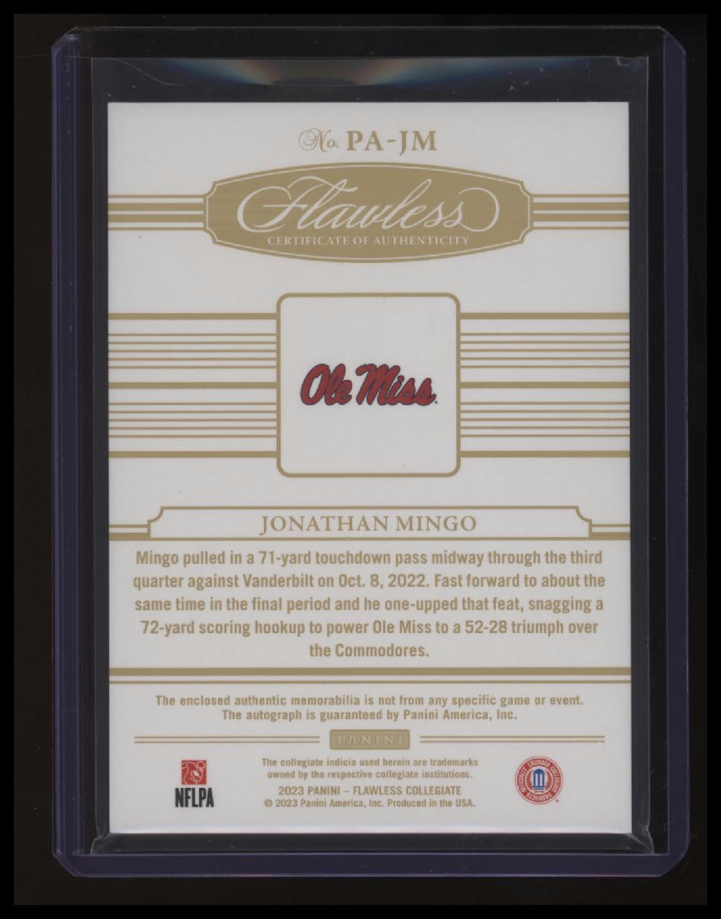 2023 Panini Flawless Collegiate Jonathan Mingo Patch Autographs Sapphire #/15