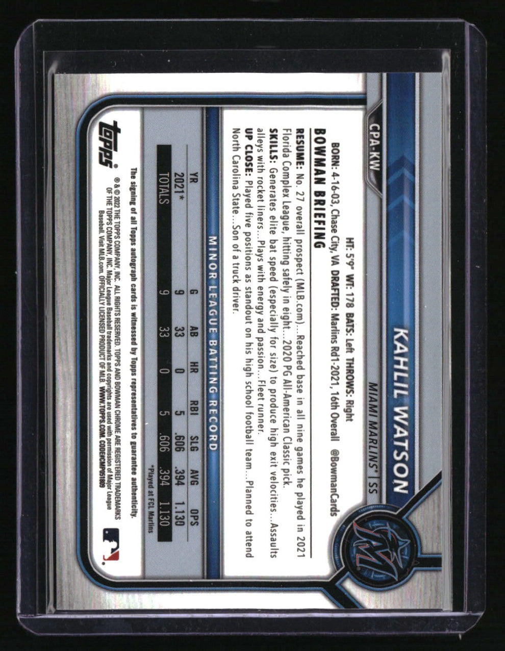 2022 Bowman - Chrome Prospects Autographs Kahlil Watson